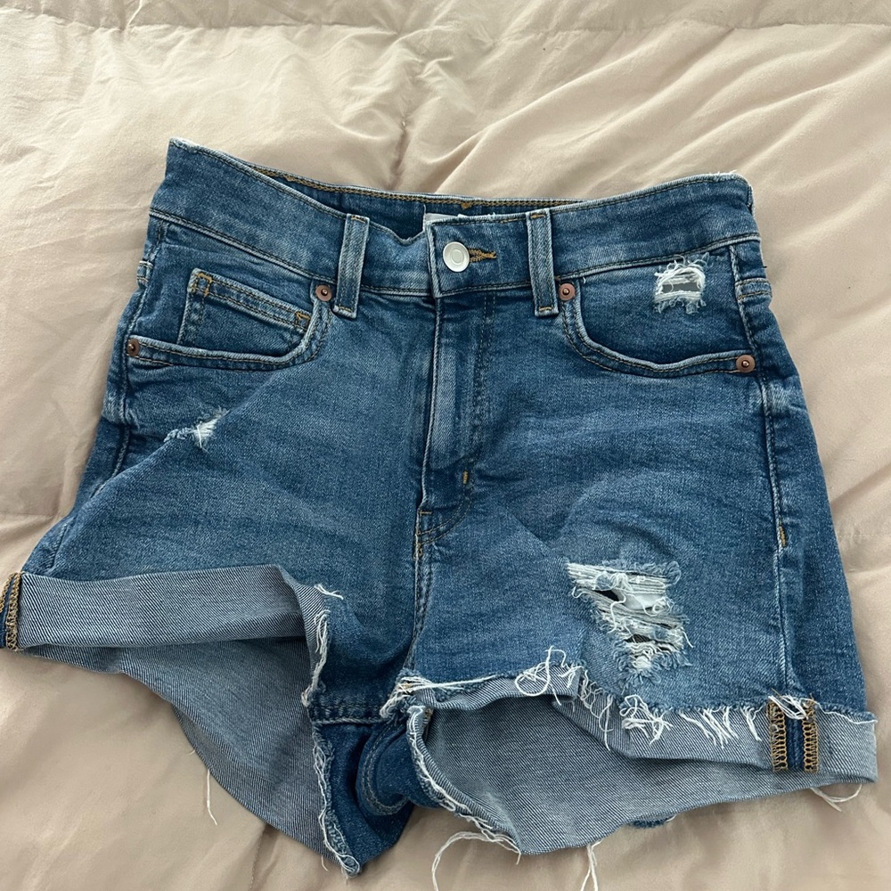 H&M Distressed High-Rise Denim Shorts - Blue